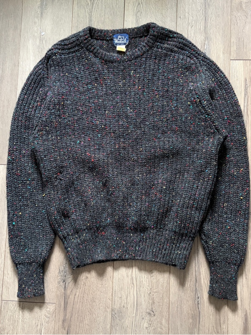 90s Woolrich Charcoal Speckled Knit Vintage Wool Sweater with Multicolor Flecks